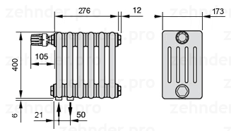 Схема (чертеж) Радиатор Zehnder Charleston 5040/6 №V001 Белый глянцевый RAL 9016